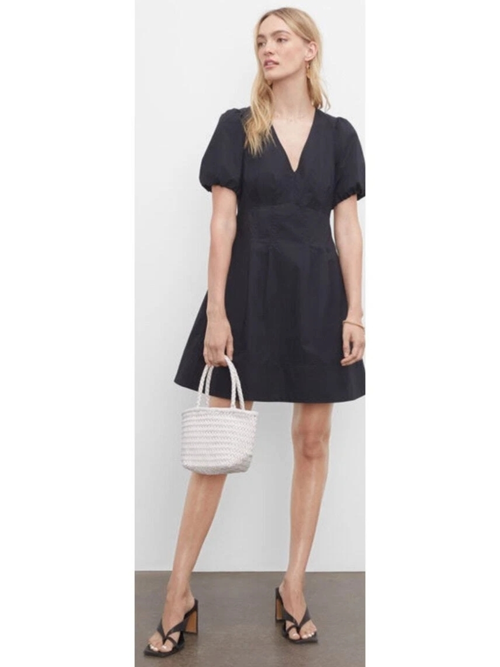 Club Monaco Black V-Neck Short Puff Sleeve Dress